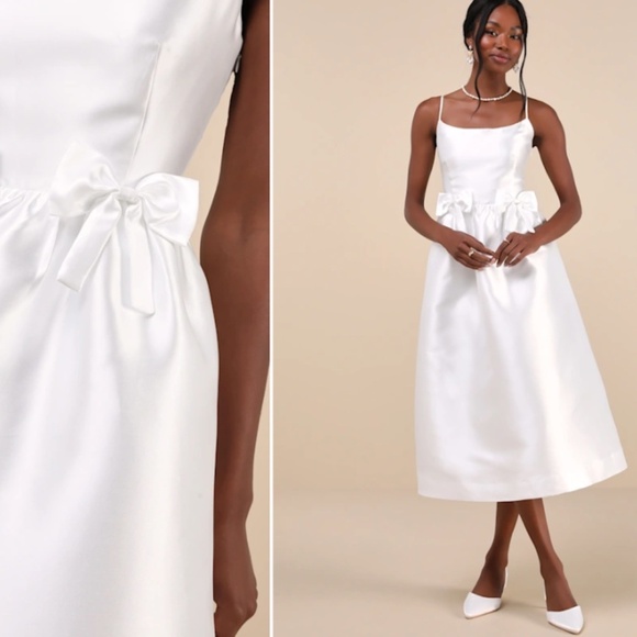 LULU's Bridal Engagement Bachelorette Elegant Sexy Bow Detail Chic Midi Dress - Picture 1 of 4